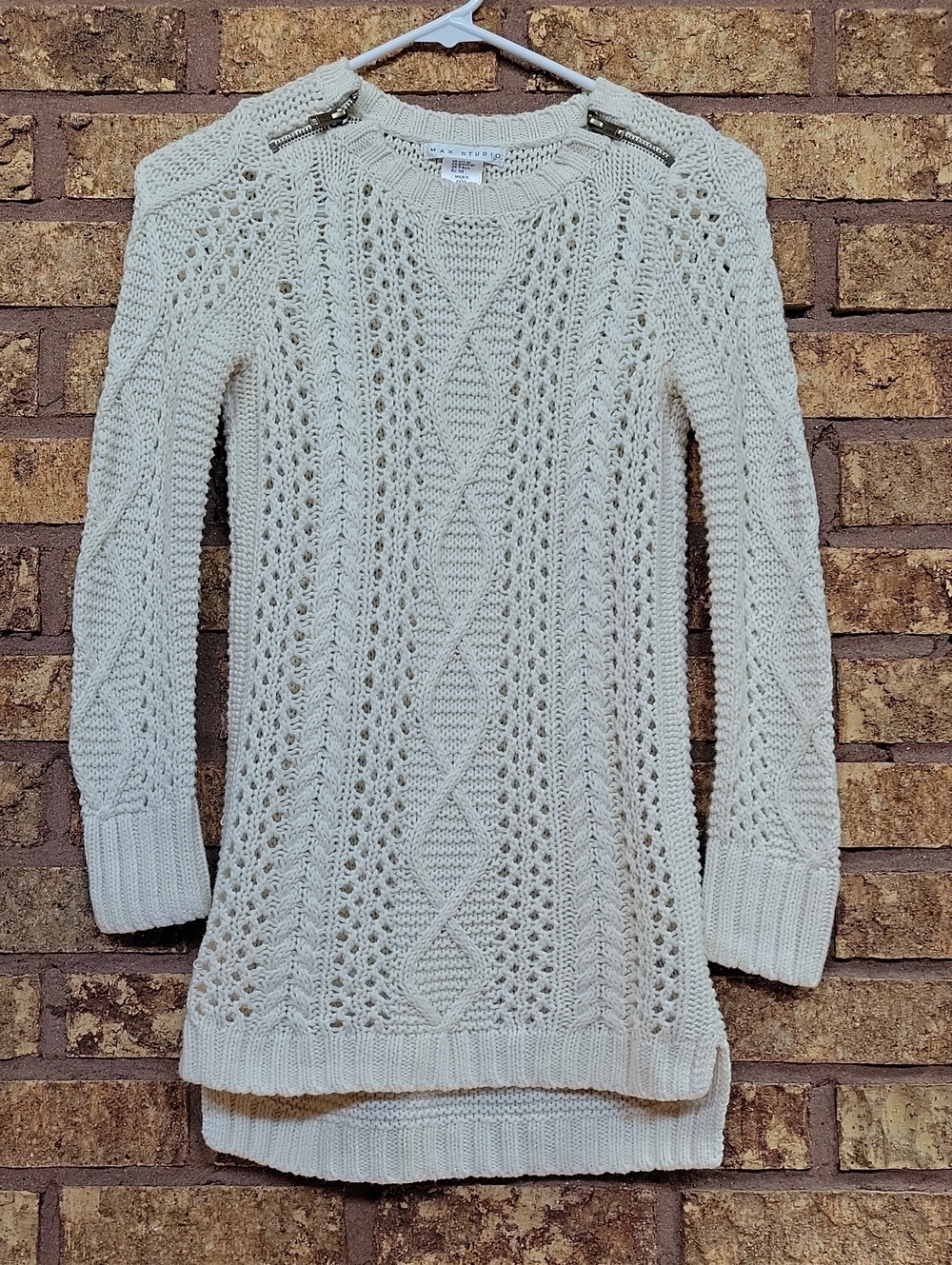 Max Studio Cream Cable-Knit Crew Sweater Tunic Shoulder Zips Size Small